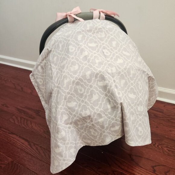 Unique Handmade Car Seat Canopy Cover Elephants Grey Pink Girls Ties OS - Picture 4 of 5